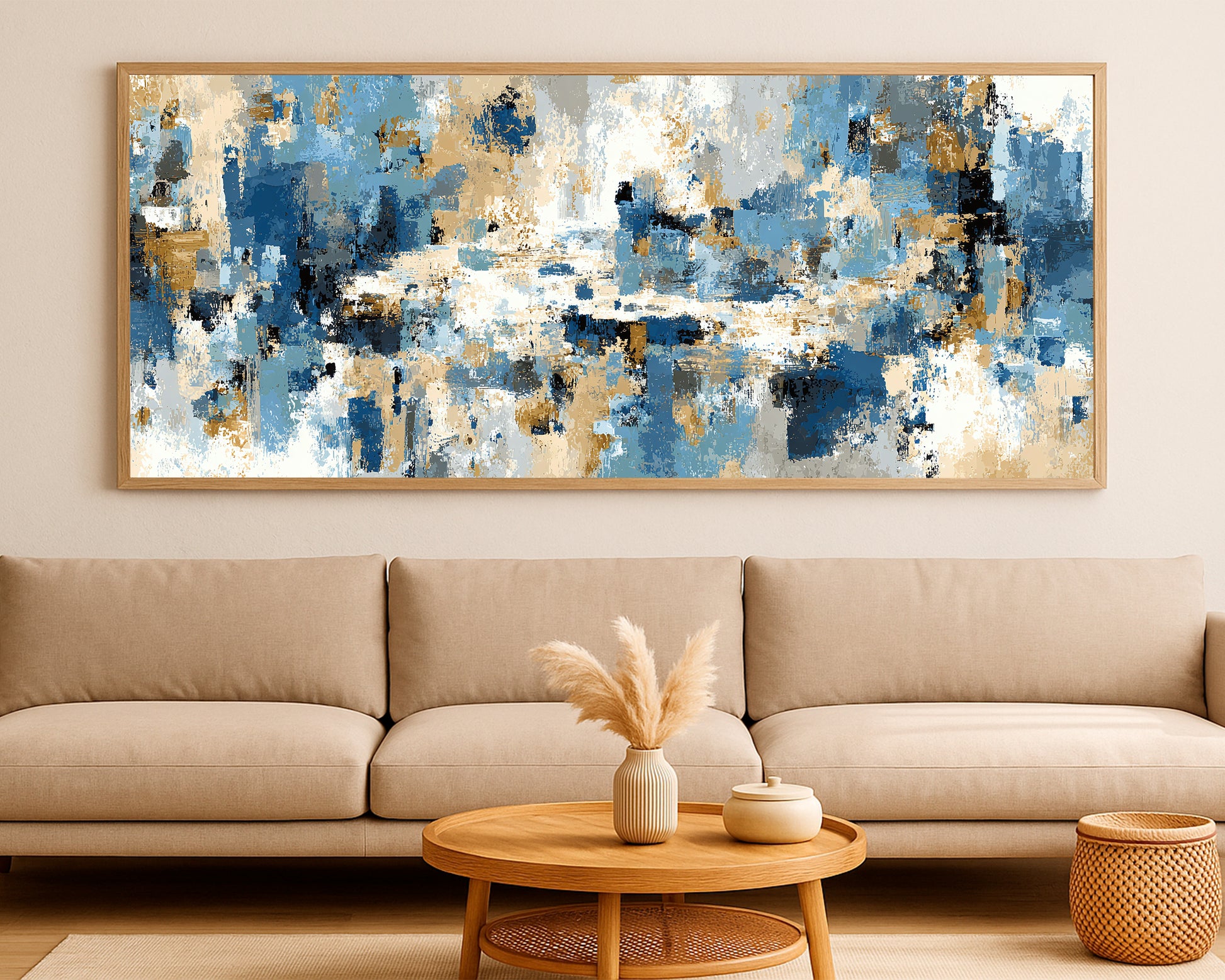 Large abstract panorama decor with balanced cool neutrals and painterly texture for a refined modern look