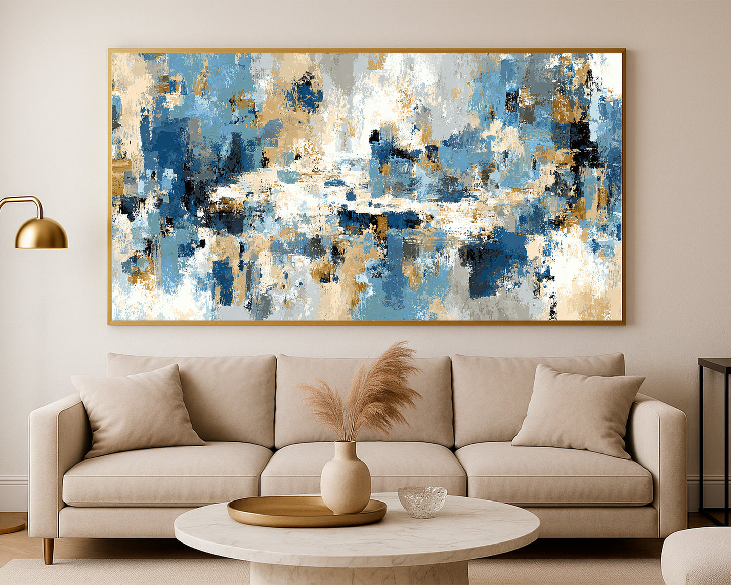 Panoramic abstract wall art with layered rectangular forms, soft contrast, and a calm architectural feel