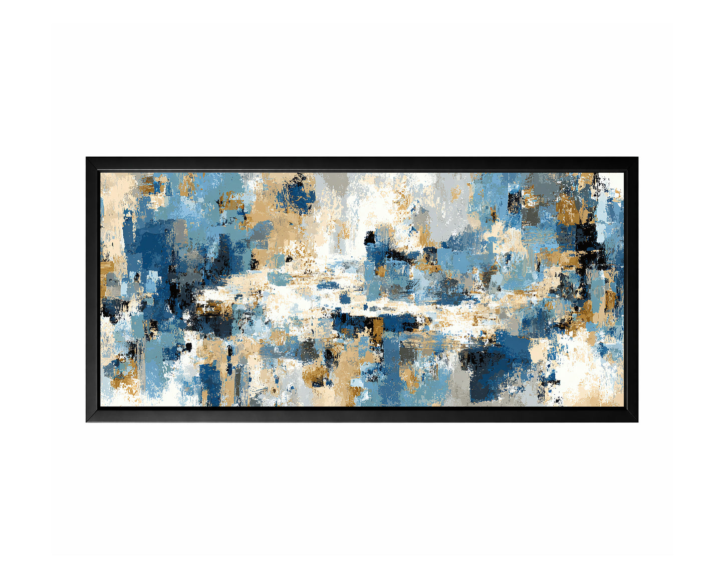 Blue beige abstract panorama wall art with layered blocks of blue, beige, ivory, gray, and black in a wide horizontal composition