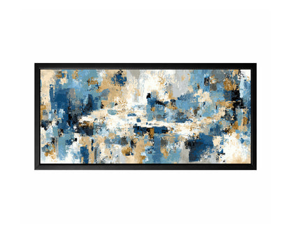 Blue beige abstract panorama wall art with layered blocks of blue, beige, ivory, gray, and black in a wide horizontal composition
