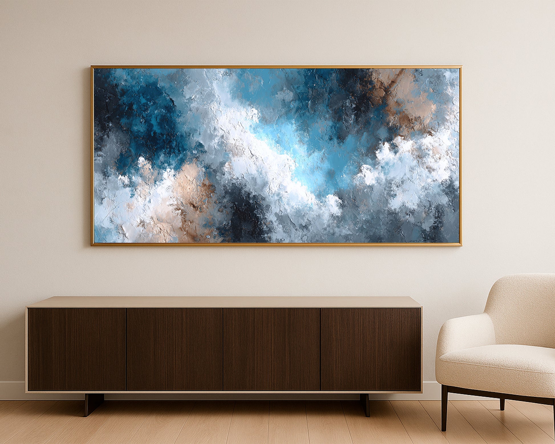 Modern horizontal wall art print with airy blue and gray forms blended with ivory, white, and soft beige tones