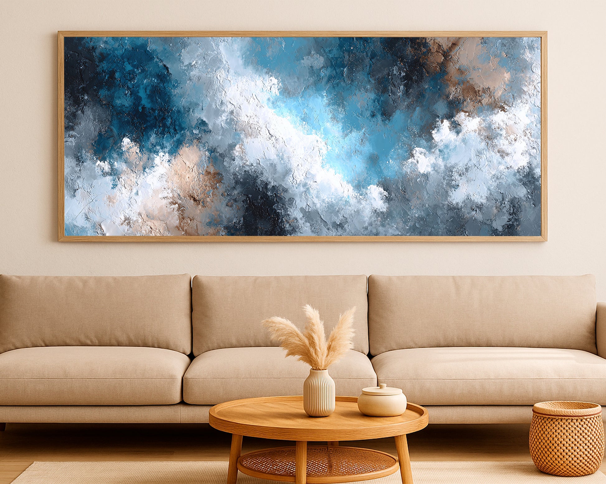 Large abstract panorama decor with luminous contrast, cool neutrals, and a calm atmospheric feel