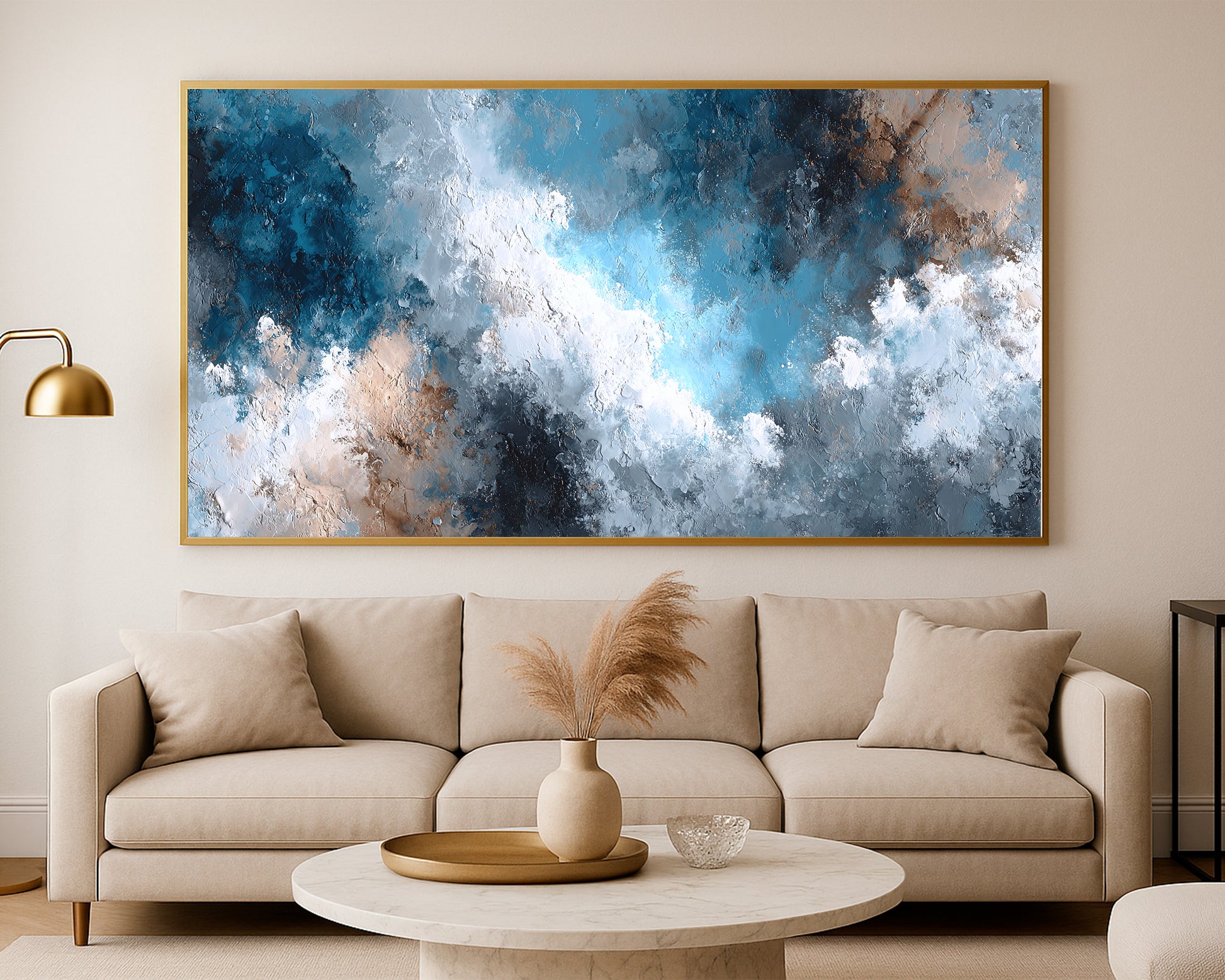 Panoramic abstract wall art with flowing cloud-inspired textures and serene contemporary color blending
