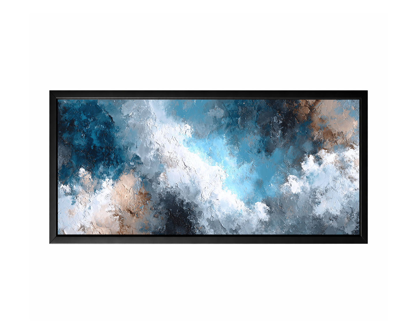 Blue gray cloud abstract panorama wall art with sweeping layers of blue, gray, white, and beige in a wide atmospheric composition