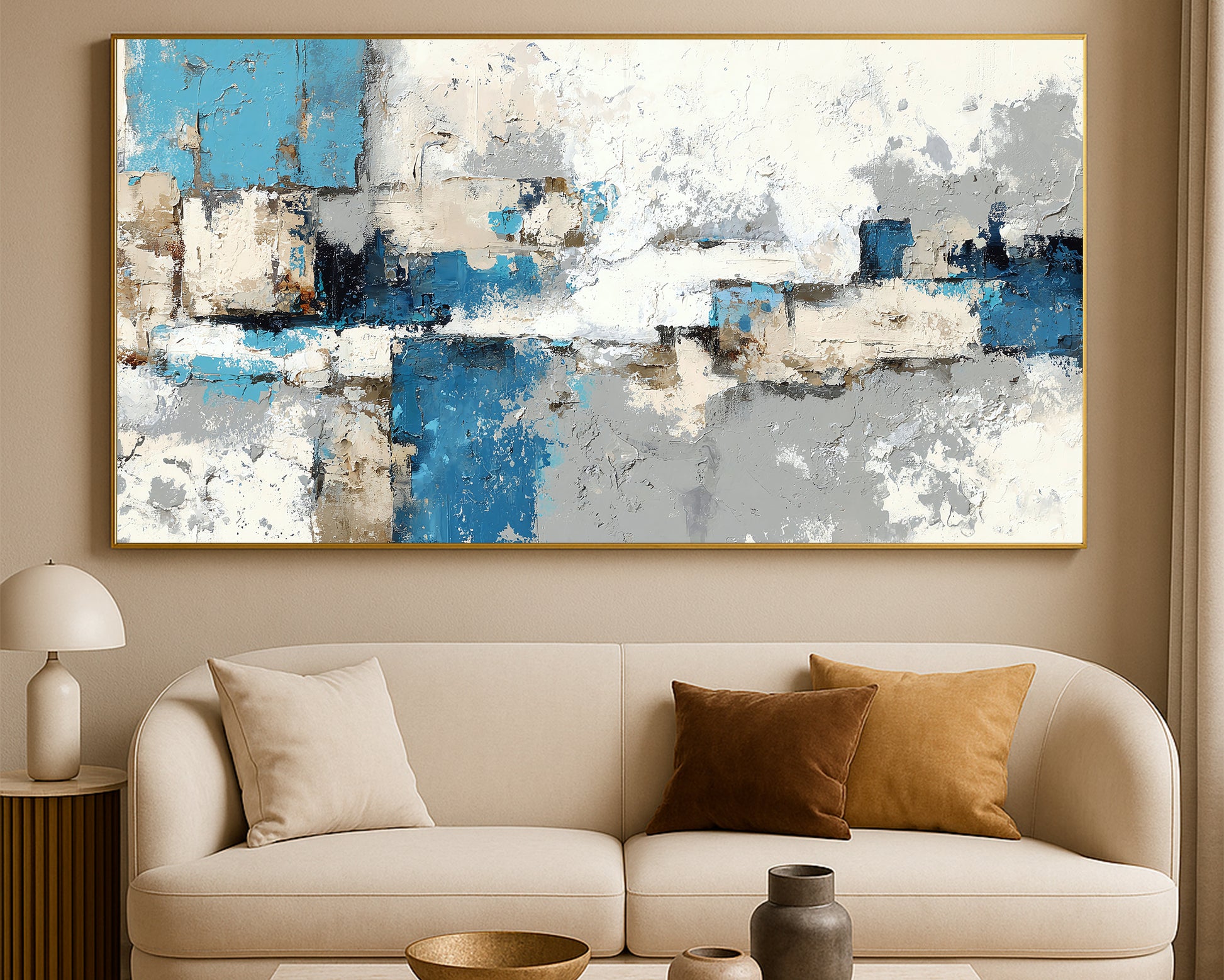 Contemporary abstract artwork featuring textured brushwork and soft neutral color fields across a panoramic layout