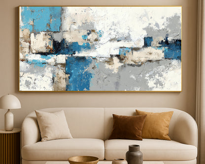 Contemporary abstract artwork featuring textured brushwork and soft neutral color fields across a panoramic layout