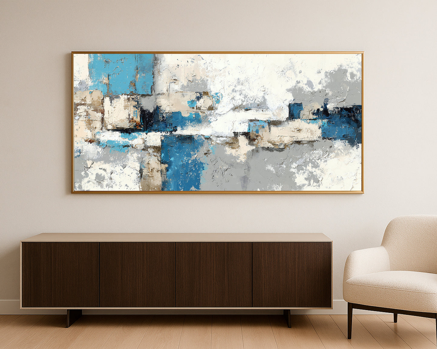 Modern horizontal wall art print with expressive blue and gray forms accented by ivory and beige details