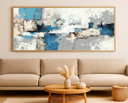 Large abstract panorama decor with balanced cool neutrals and painterly texture for a refined modern look