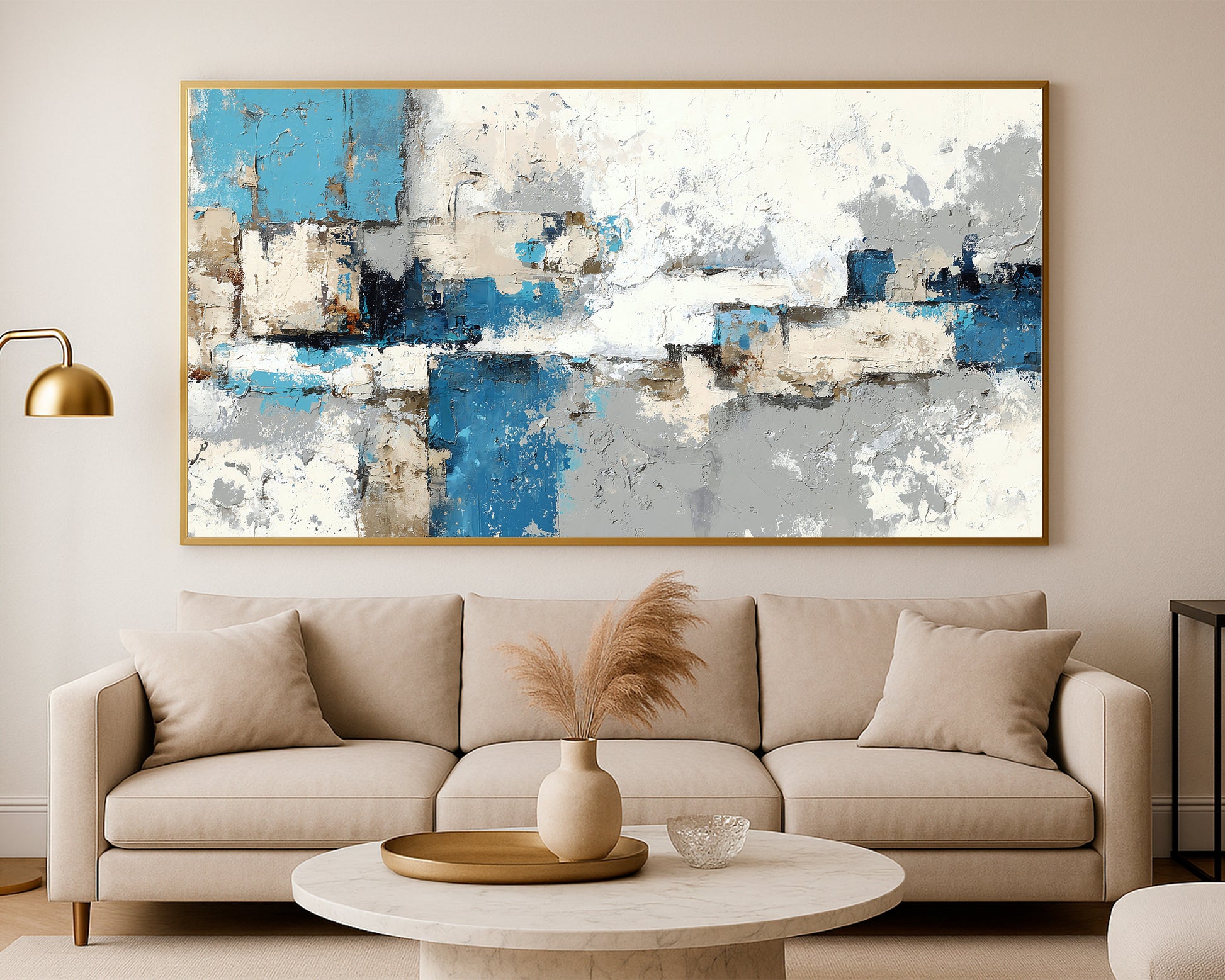 Panoramic abstract wall art with layered rectangular forms, soft contrast, and a calm architectural feel