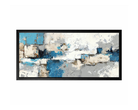 Blue gray abstract panorama wall art with layered blocks of blue, gray, ivory, and beige in a wide horizontal composition