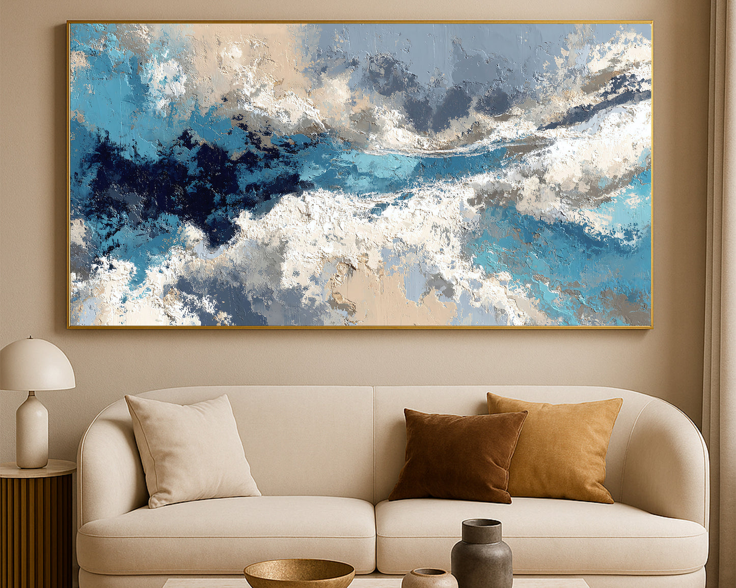 Contemporary abstract artwork featuring soft cloud-like movement and textured painterly depth across a panoramic layout