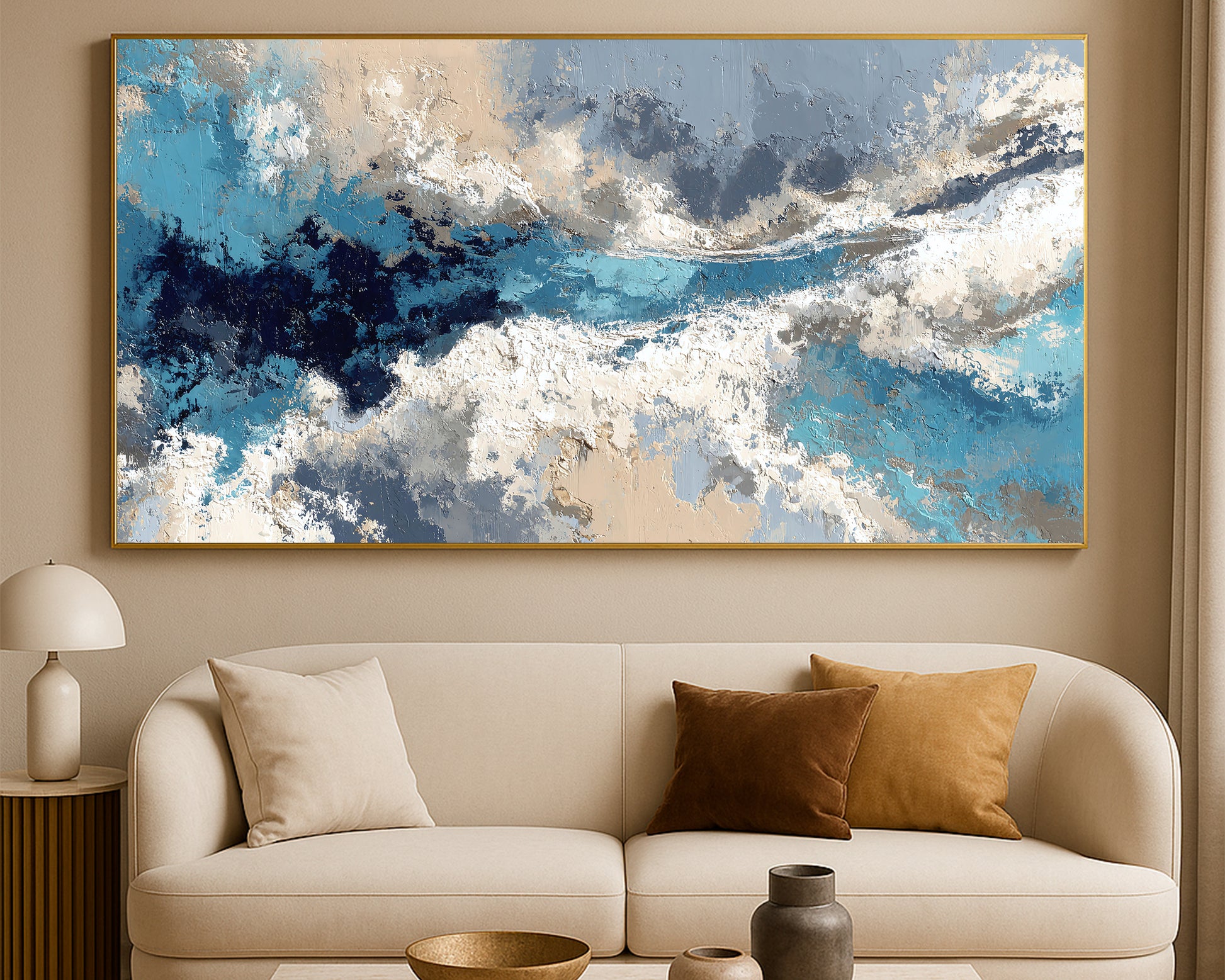 Contemporary abstract artwork featuring soft cloud-like movement and textured painterly depth across a panoramic layout