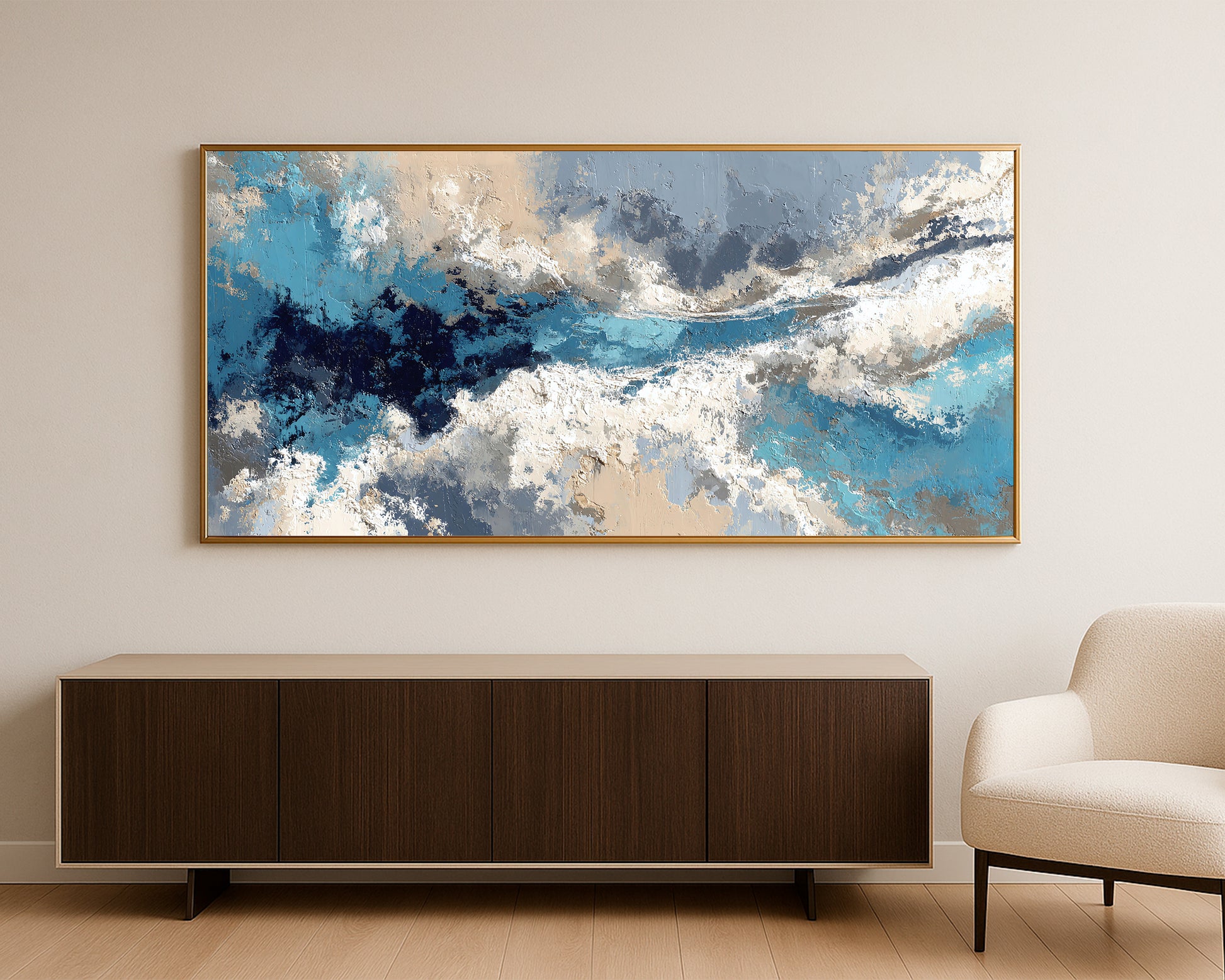 Modern horizontal wall art print with airy blue and gray forms blended with ivory, white, and soft beige tones