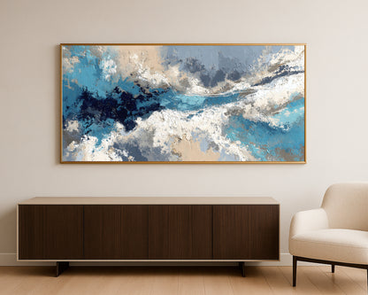 Modern horizontal wall art print with airy blue and gray forms blended with ivory, white, and soft beige tones