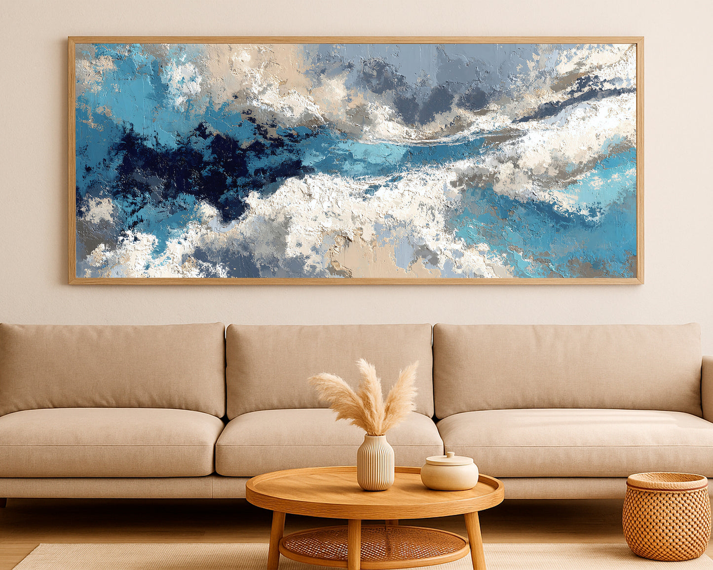 Large abstract panorama decor with luminous contrast, cool neutrals, and a calm atmospheric feel