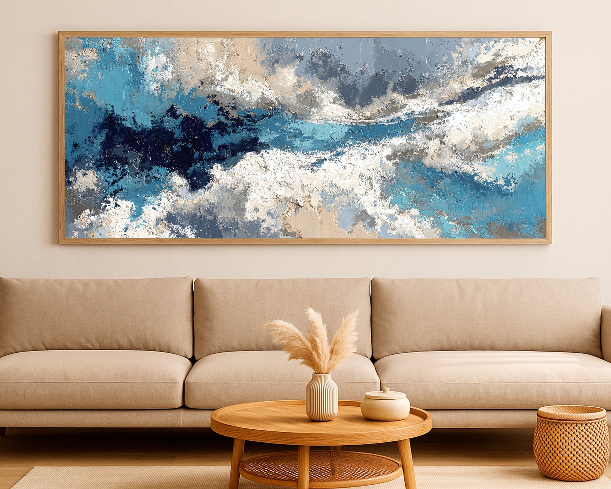 Large abstract panorama decor with luminous contrast, cool neutrals, and a calm atmospheric feel