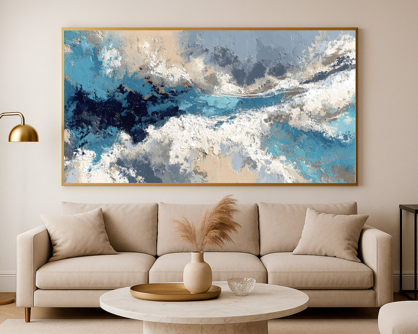 Panoramic abstract wall art with flowing cloud-inspired textures and serene contemporary color blending