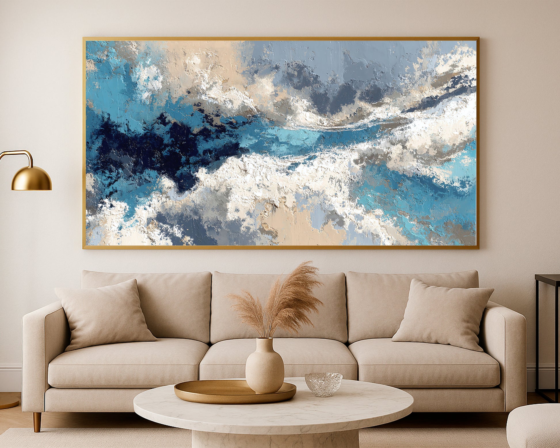 Panoramic abstract wall art with flowing cloud-inspired textures and serene contemporary color blending