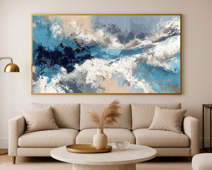 Panoramic abstract wall art with flowing cloud-inspired textures and serene contemporary color blending