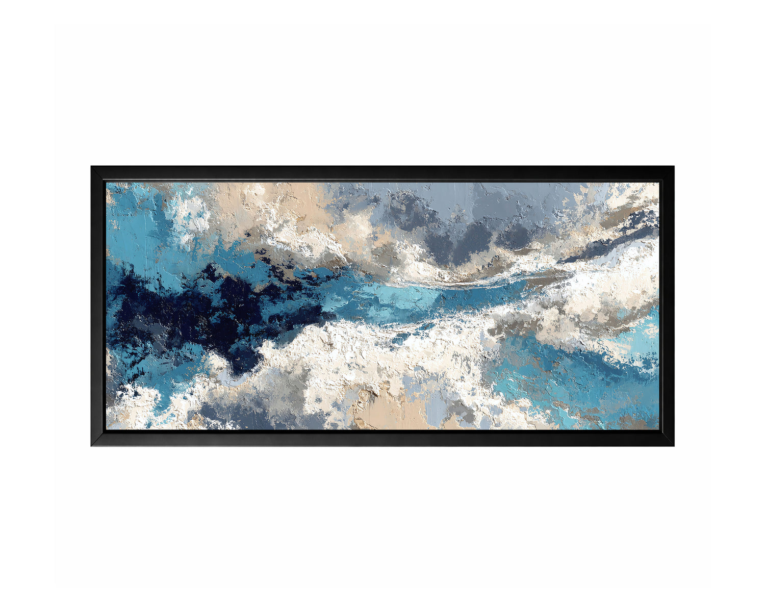 Blue gray cloud abstract panorama wall art with sweeping layers of blue, gray, white, and beige in a wide atmospheric composition
