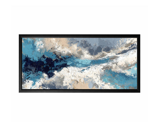 Blue gray cloud abstract panorama wall art with sweeping layers of blue, gray, white, and beige in a wide atmospheric composition