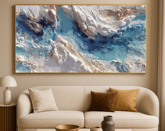 Contemporary abstract artwork featuring richly textured painterly forms that resemble water, stone, and organic landscape movement