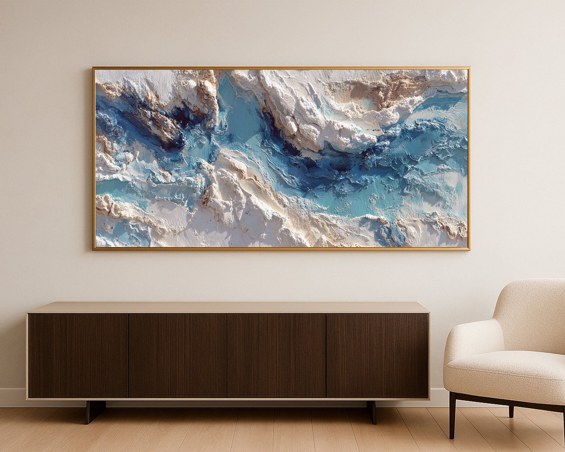 Modern horizontal wall art print with cool blue tones, creamy neutrals, and sculptural abstract texture across a panoramic layout