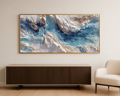 Modern horizontal wall art print with cool blue tones, creamy neutrals, and sculptural abstract texture across a panoramic layout