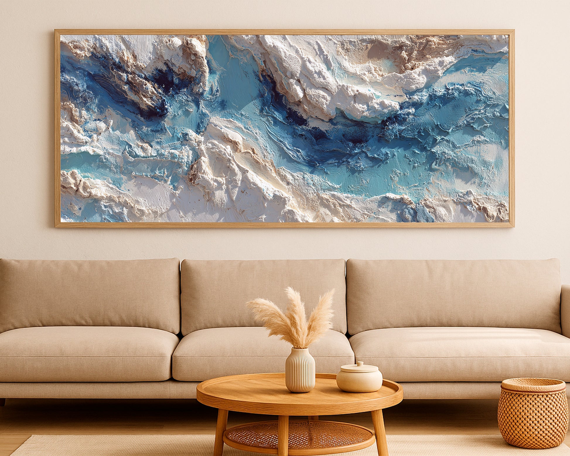 Large abstract panorama decor with layered blue and cream forms, soft contrast, and a calm atmospheric feel