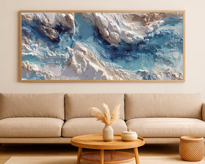 Large abstract panorama decor with layered blue and cream forms, soft contrast, and a calm atmospheric feel