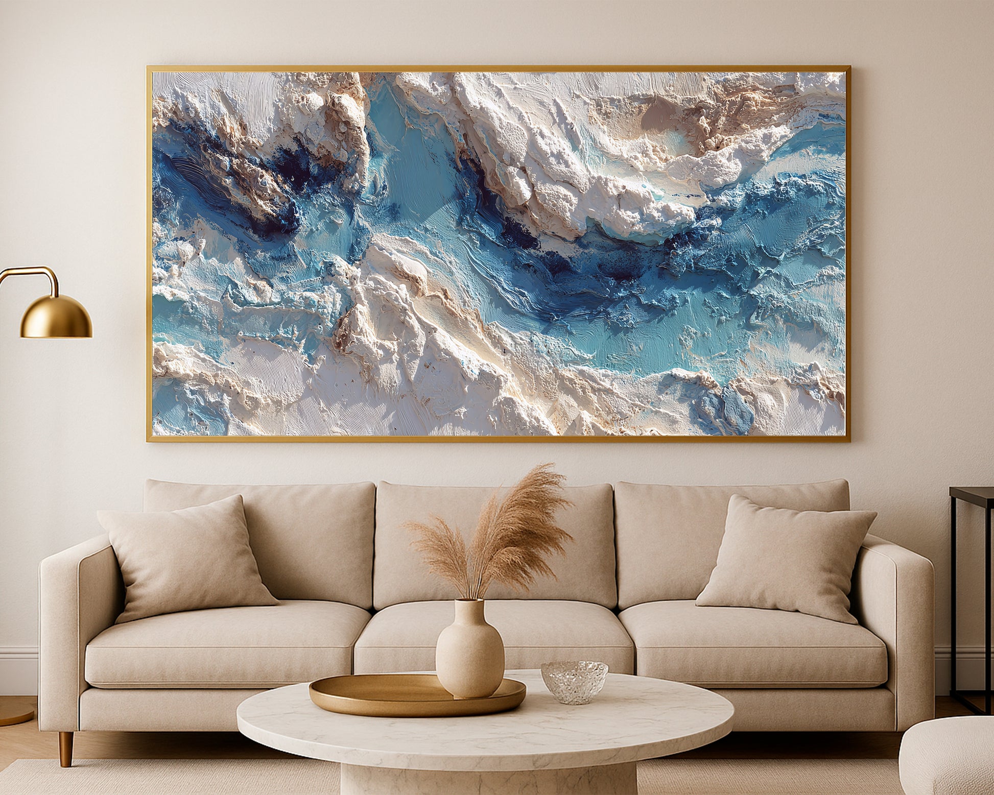 Panoramic abstract wall art with organic flowing textures, ivory highlights, and serene contemporary color blending