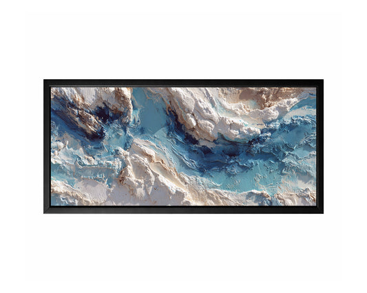 Blue cream textured abstract panorama wall art with flowing layers of blue, ivory, and soft beige in a wide horizontal composition