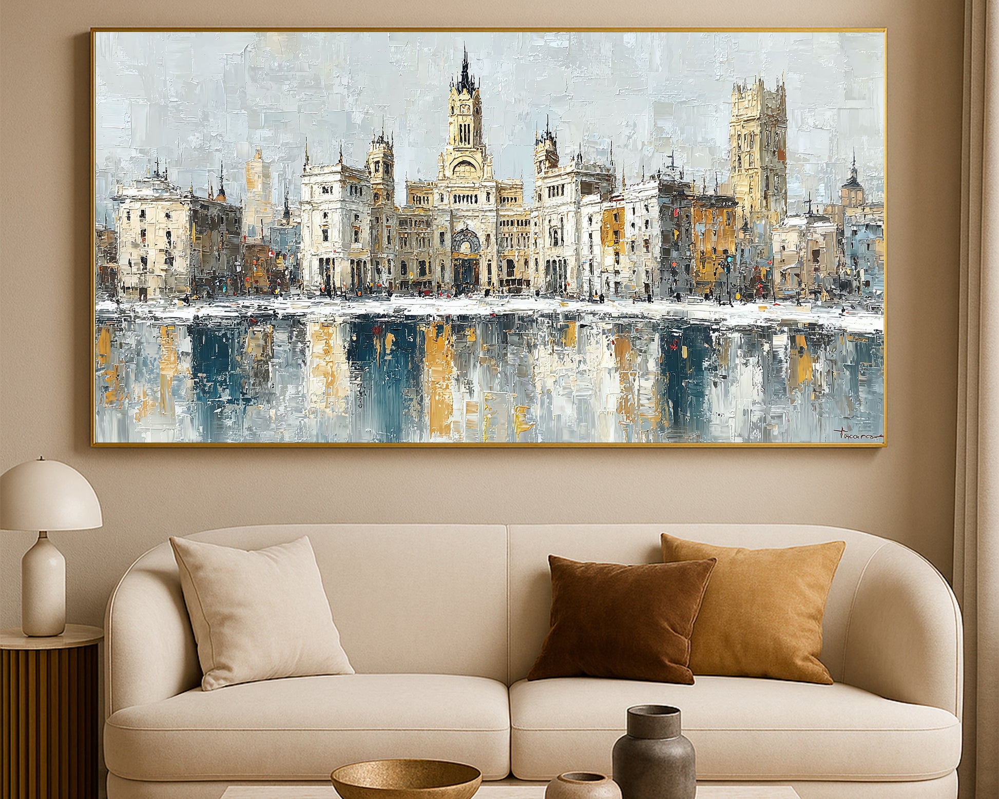 Contemporary architectural artwork featuring an elegant waterfront city scene in soft ivory, gray, blue, and warm ochre tones