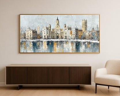 Modern horizontal wall art print showing grand historic architecture with calm reflections and textured painterly detail