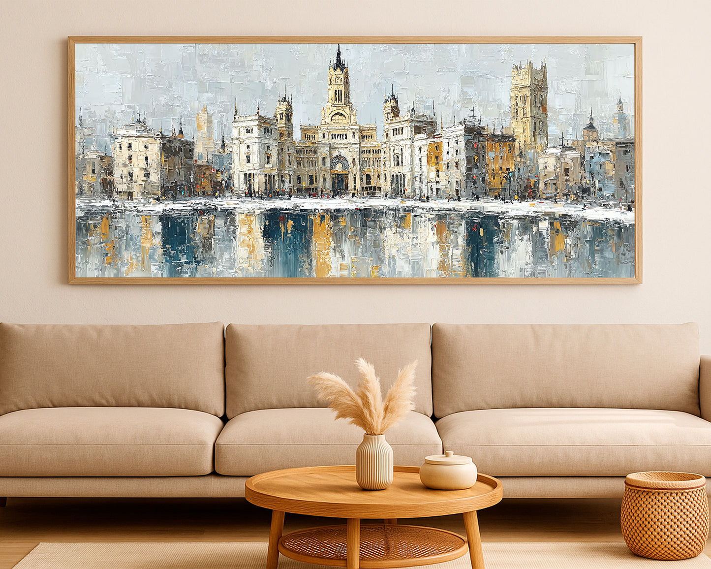 Large panoramic cityscape decor with refined urban buildings, muted neutral tones, and a serene reflective atmosphere