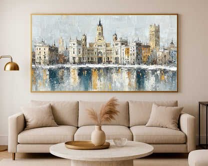 Panoramic architectural wall art with classic European city charm, water reflections, and sophisticated contemporary styling