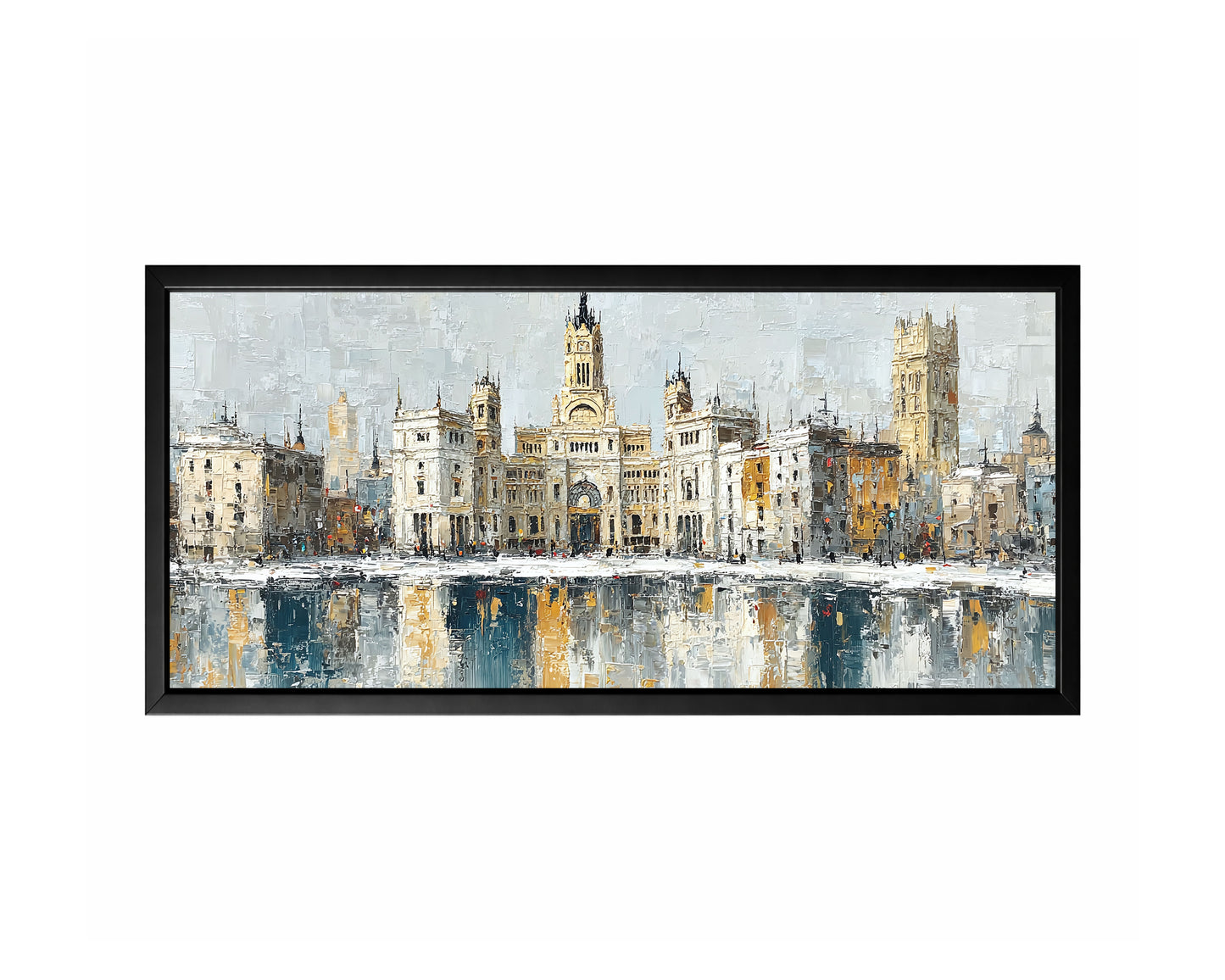 European cityscape panorama wall art with historic buildings reflected across still water in a wide horizontal composition