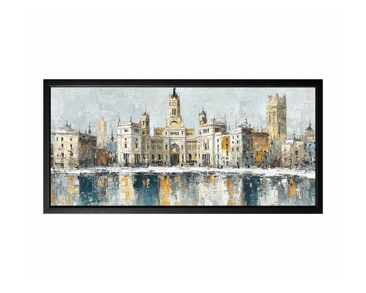 European cityscape panorama wall art with historic buildings reflected across still water in a wide horizontal composition