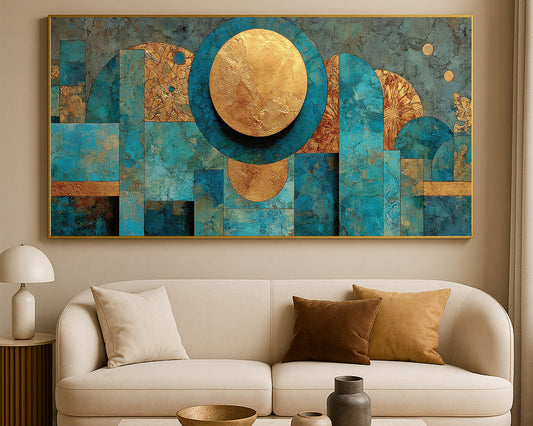 Contemporary abstract artwork featuring rich turquoise and luminous gold shapes with textured architectural styling