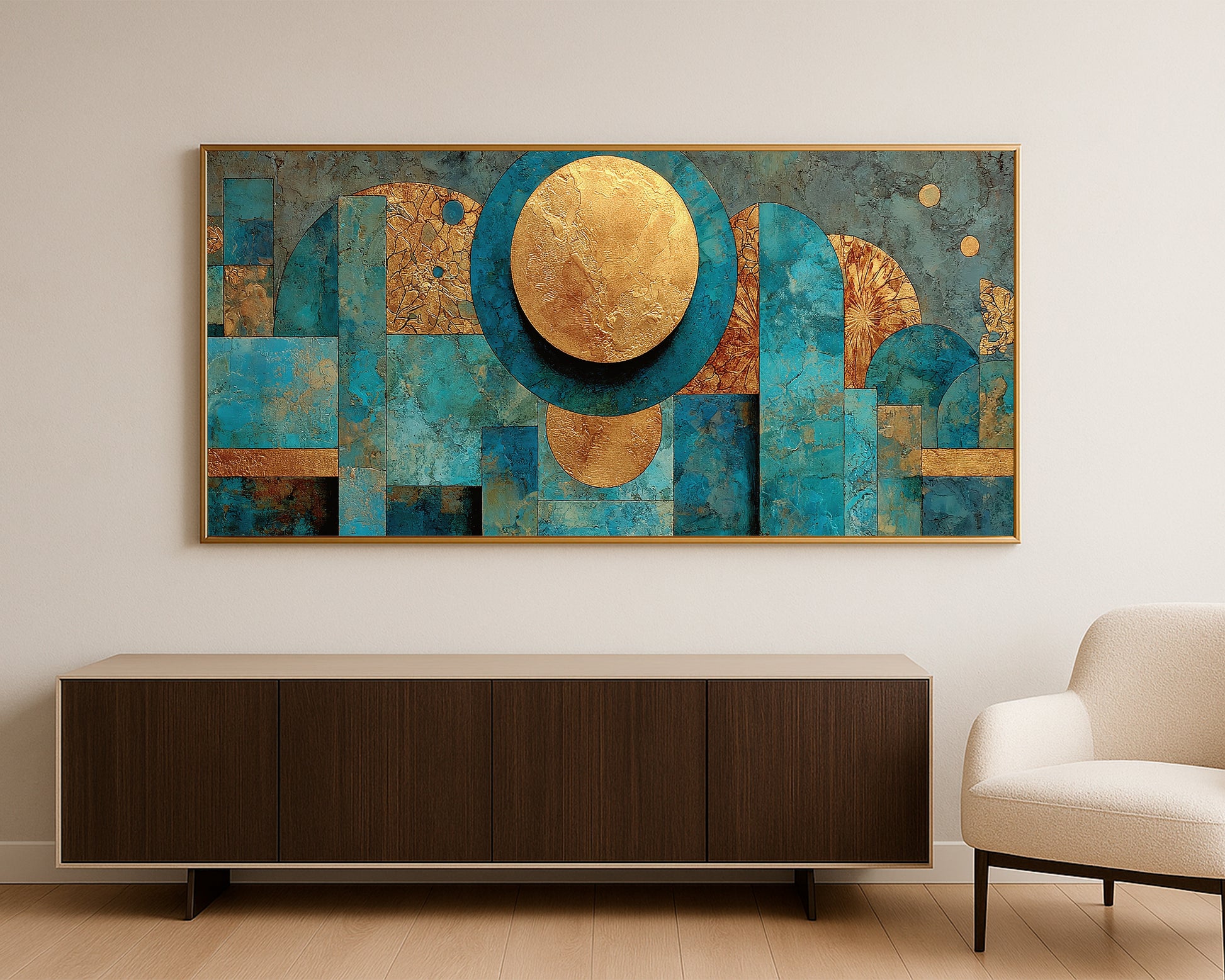 Modern horizontal wall art print with bold geometric forms, balanced symmetry, and jewel-toned abstract detailing