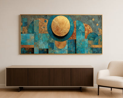 Modern horizontal wall art print with bold geometric forms, balanced symmetry, and jewel-toned abstract detailing