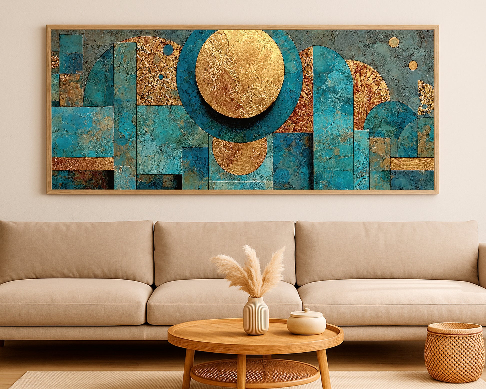 Large geometric panorama decor with arches and circular motifs in blue and gold for a refined modern look