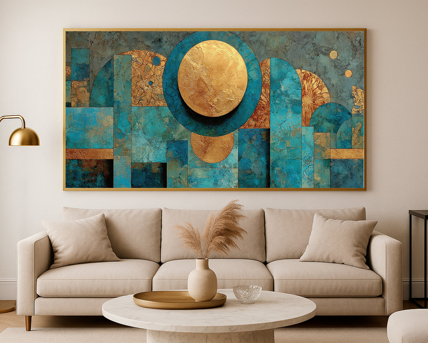 Panoramic abstract wall art with textured turquoise surfaces, metallic-style gold accents, and elegant structural composition
