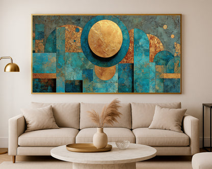 Panoramic abstract wall art with textured turquoise surfaces, metallic-style gold accents, and elegant structural composition