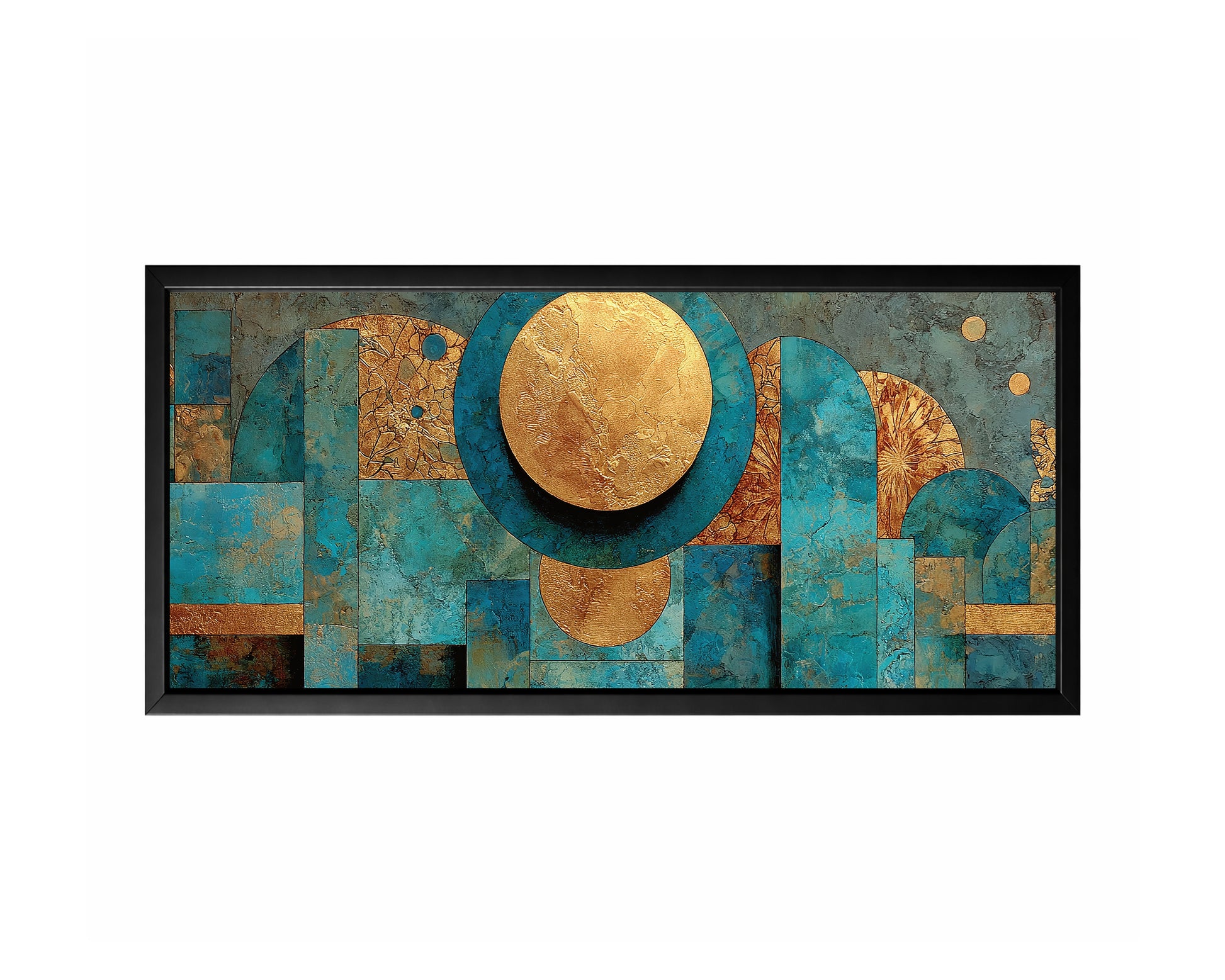 Blue gold geometric panorama wall art with layered arches, circles, and rectangular forms in a wide horizontal composition