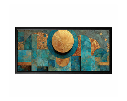 Blue gold geometric panorama wall art with layered arches, circles, and rectangular forms in a wide horizontal composition
