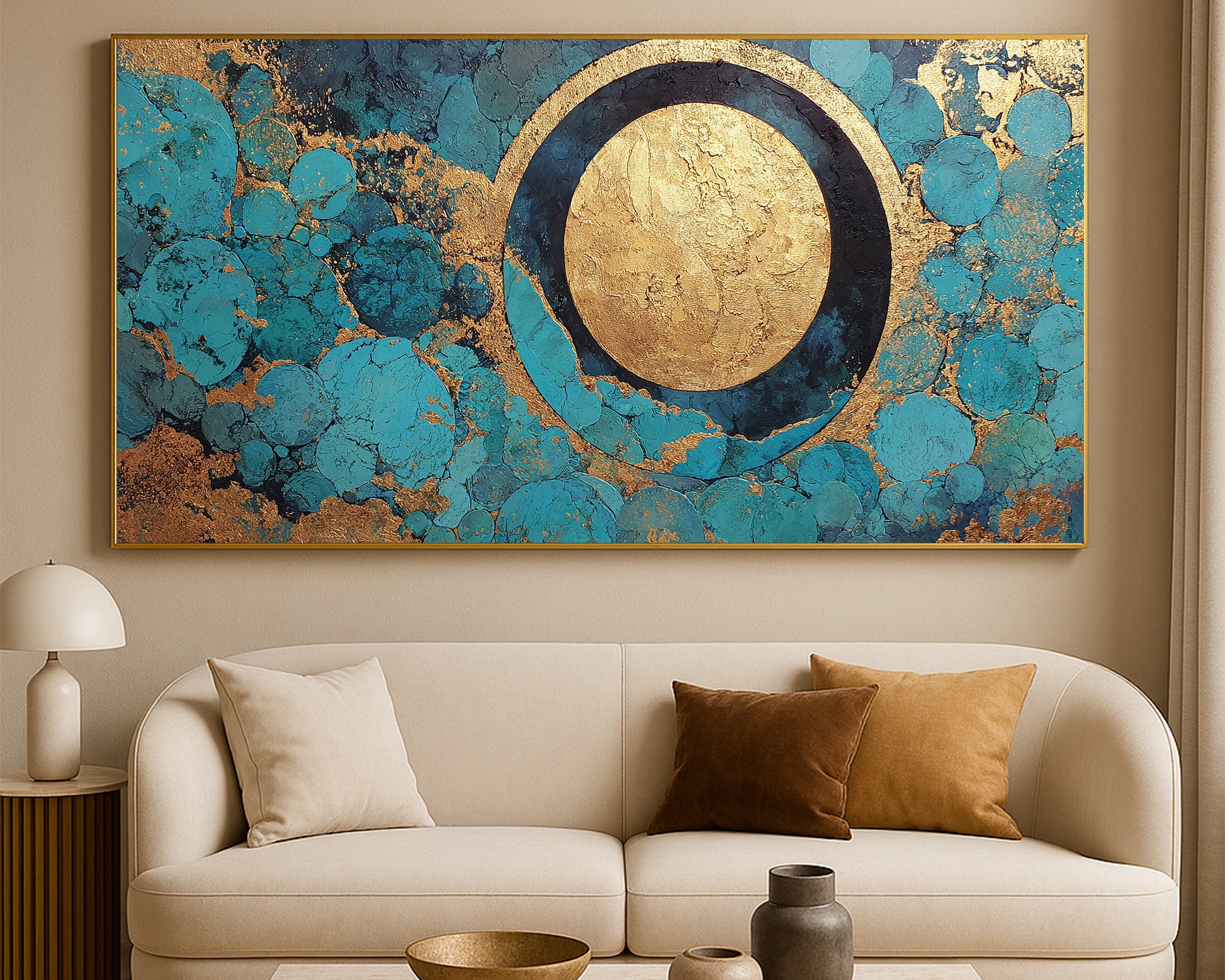 Contemporary abstract artwork featuring layered circular shapes, textured metallic-style gold accents, and organic blue patterns