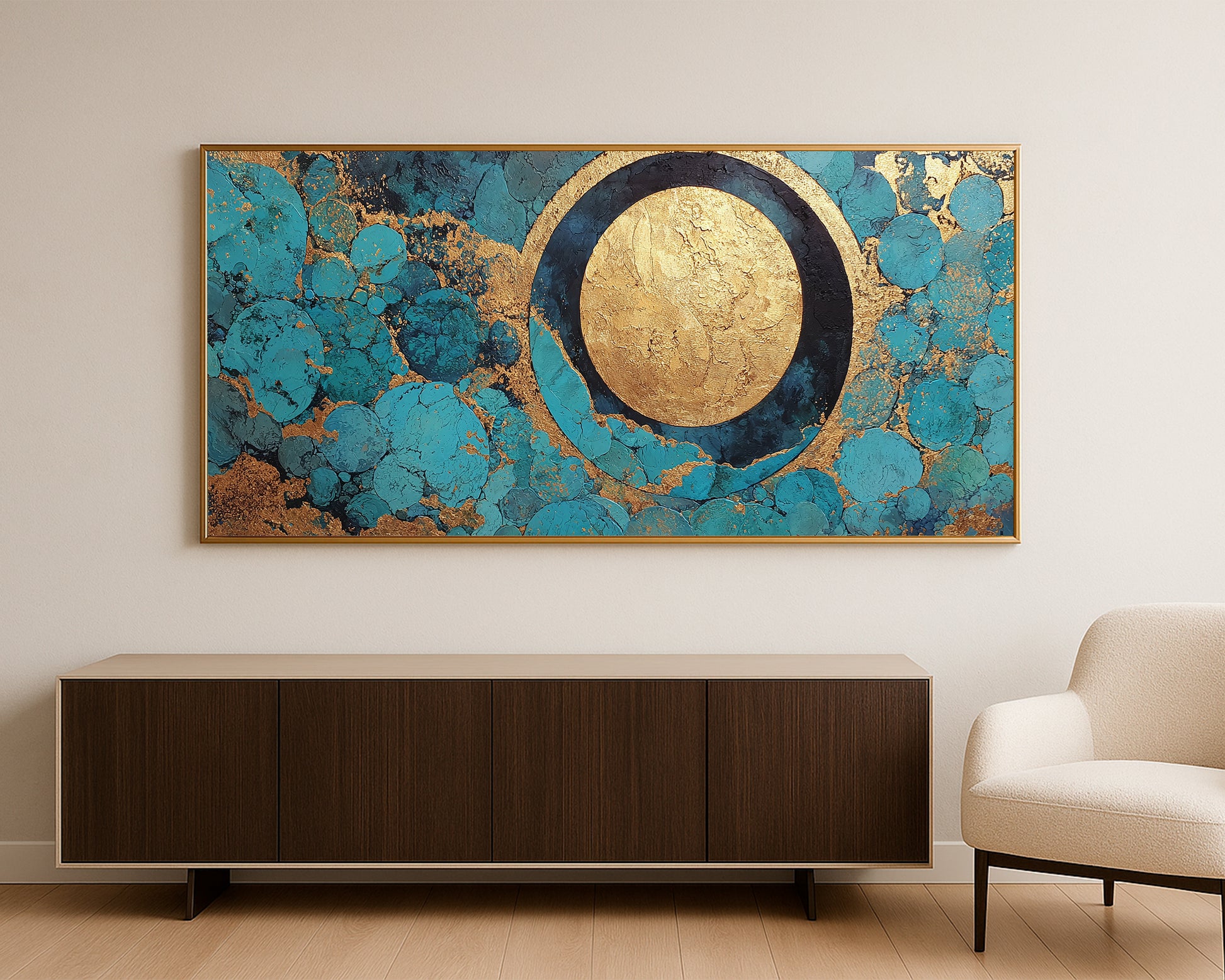 Modern horizontal wall art print with a bold gold focal circle set against turquoise, teal, and navy abstract textures