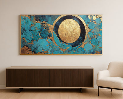 Modern horizontal wall art print with a bold gold focal circle set against turquoise, teal, and navy abstract textures