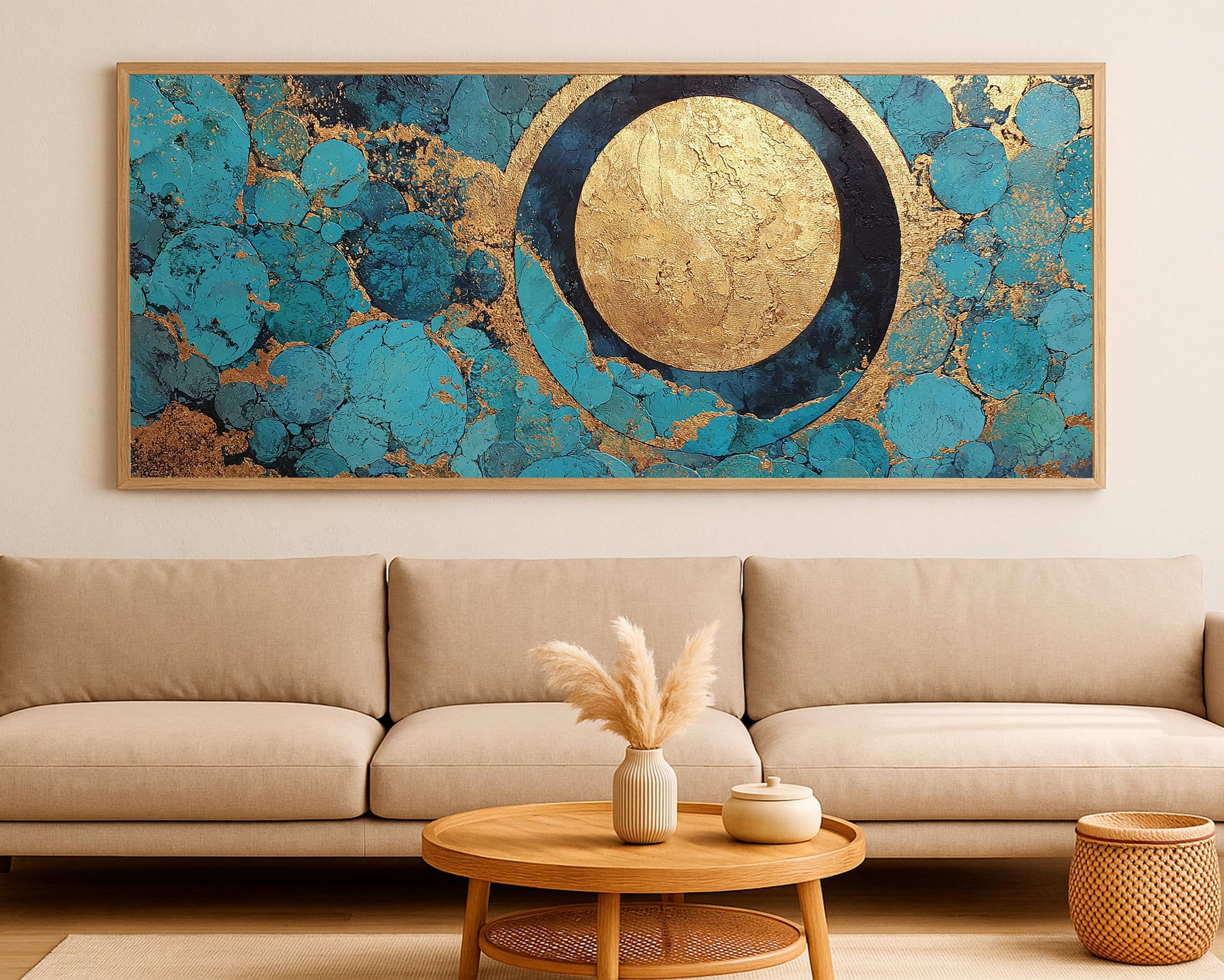 Large geometric panorama decor with luminous gold details, rounded abstract motifs, and rich jewel-toned contrast